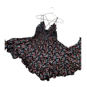 Free People FP One Floral Lace Inset Strappy Mini Dress Black XL